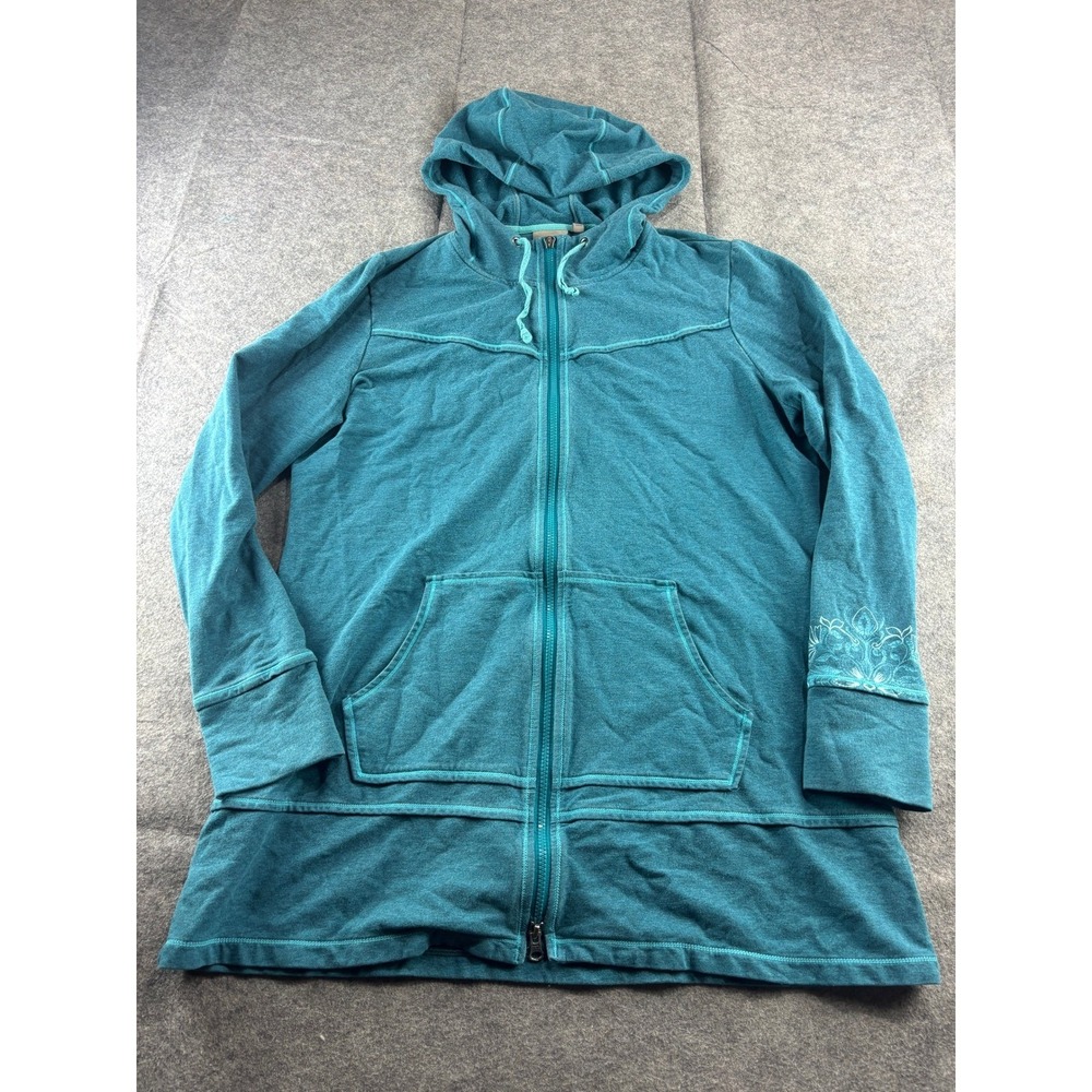 Athleta Women 1X Aquamarine Teal Heathered Full Zip Hoodie Floral Cuff SEE